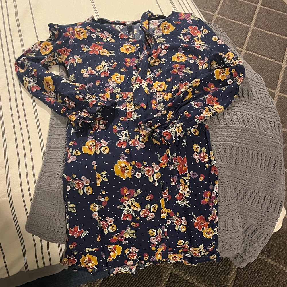 Navy Floral Long-Sleeve Dress (XS)